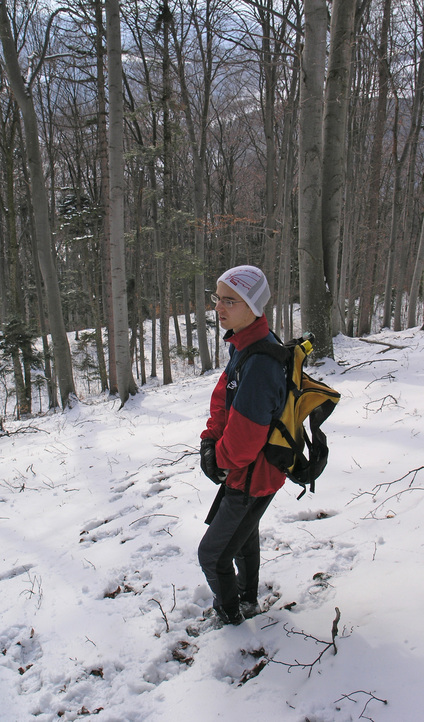 Fredrik looking down the hill, towards the area where the fox turned up