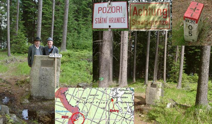 Matthias & Johann at meridian stone with border signs and map