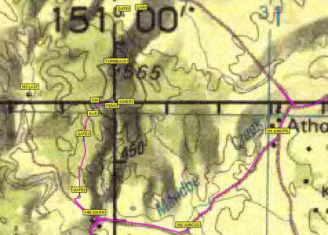 Map showing GPS track to the 200m-out point