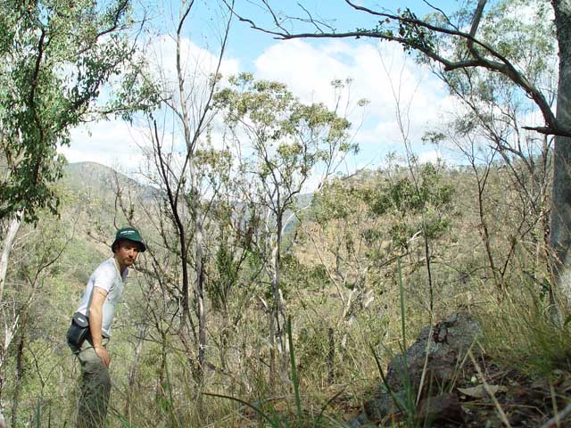 A shot of the author on the confluence spot, trying not to fall down the ravine!