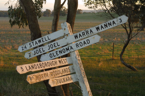 Signpost (confluence in background)