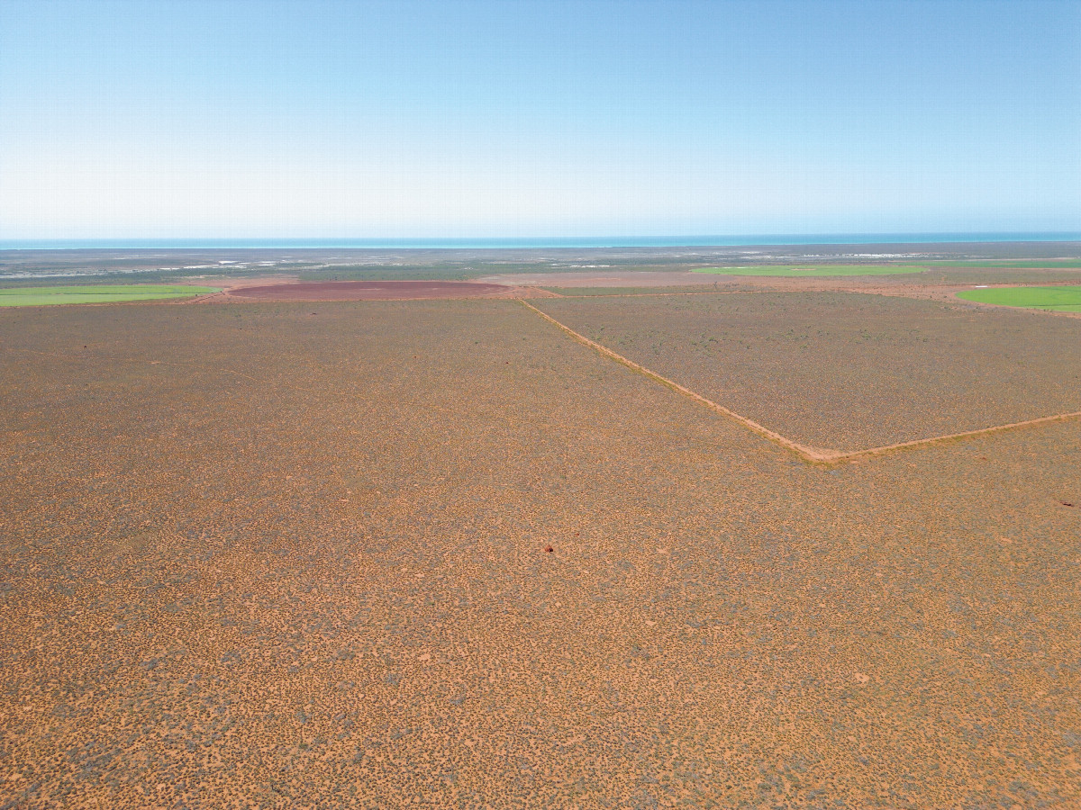 View North (across part of Pardoo Station, with the Indian Ocean beyond) from a height of 120m