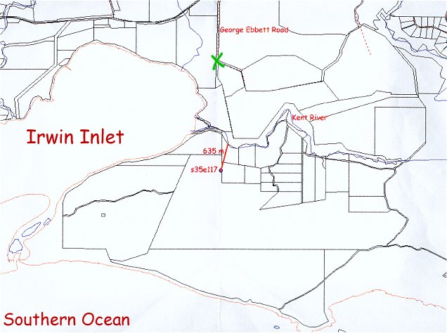 Map - thanks to IntraGIS.  The green cross marks Hal's house, and as close as I got.