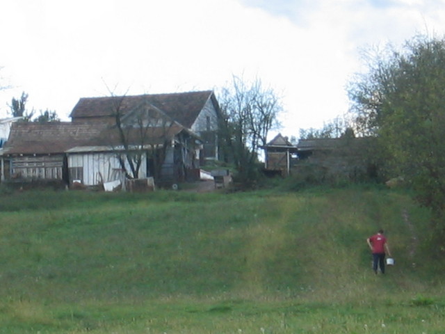 Boy carrying bucket up hill