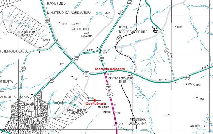 Mapa mostrando o local do acidente e a confluência