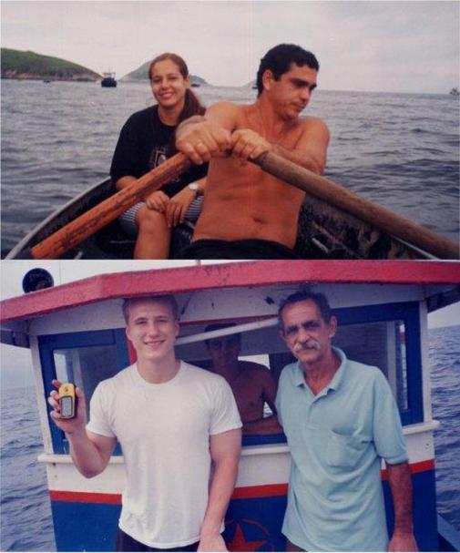 The visitors of the confluence in the small boat :  Carol, Yllke Cristiano ...on the big boat : Karsten (with GPS) and Barbudo