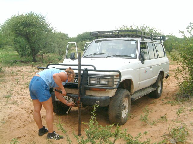 Cecilia changing punctured tyre