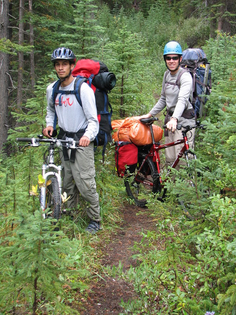 Seth and Brendan on the Alexandra River bike trail, notice the long sleeves and long pants for protection from the brush.