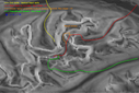 #10: A map generated from SRTM elevation data showing our route in yellow, a long bushwhack with the smallest crux in green, and a modified Amery summit route in red that we will attempt next year.