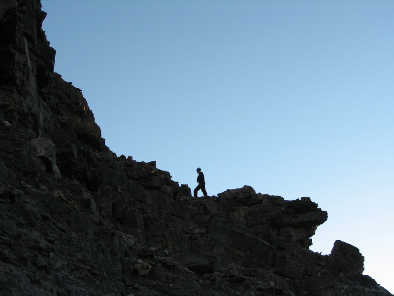 Brendan exploring a possible route around sunrise.  We chose to stick with the route described in the Canadian Alpine Journal.