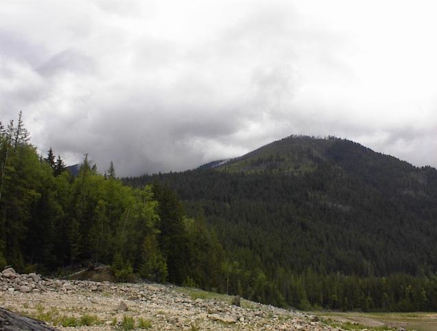 Looking up to confluence from lake with burnt ridge access