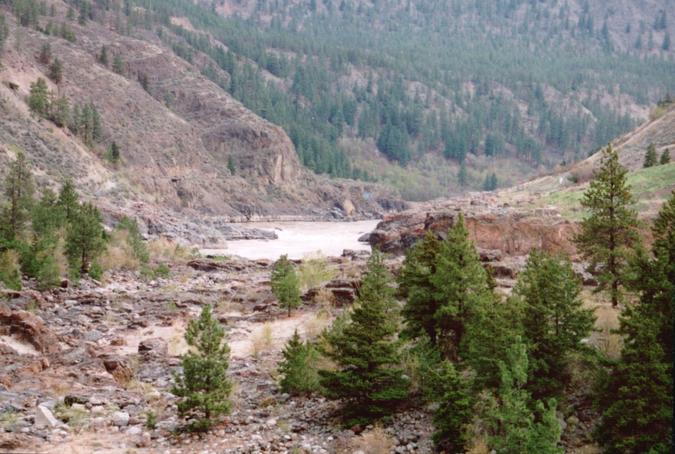 Bridge Rapids along Fraser River with Indian fishing camps on banks