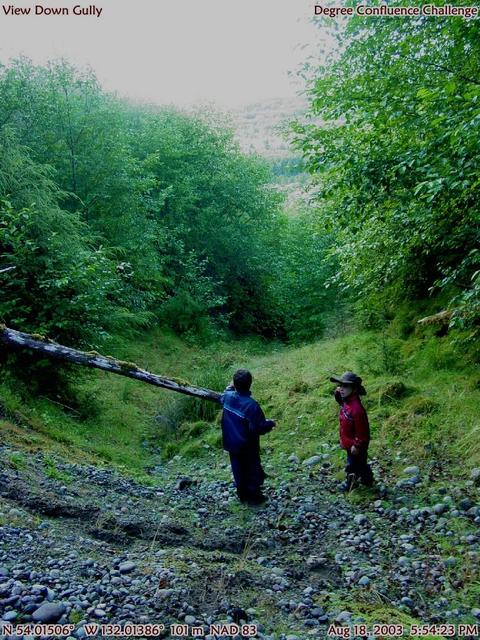 Gully is about 100 metres (300 feet) vertical and will be tough if wet.  Heavy vegetation at the top (fir, hemlock, spruce)