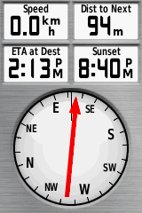 My GPS receiver's display, showing the confluence point 94 metres away