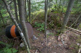 #1: The confluence point is located in an area of Canadian Shield granite, with small trees growing on top.  A metal drum - left by a previous visitor - marks the point.