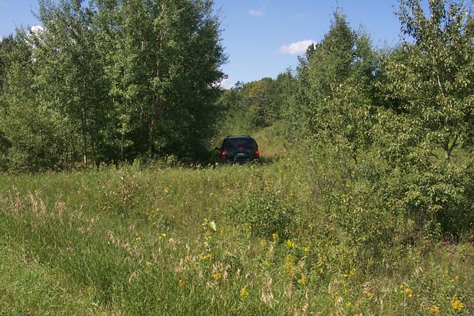 Our van, parked on the "trail" through the trees, 25 m off the grid road and about 285 m from the CP.