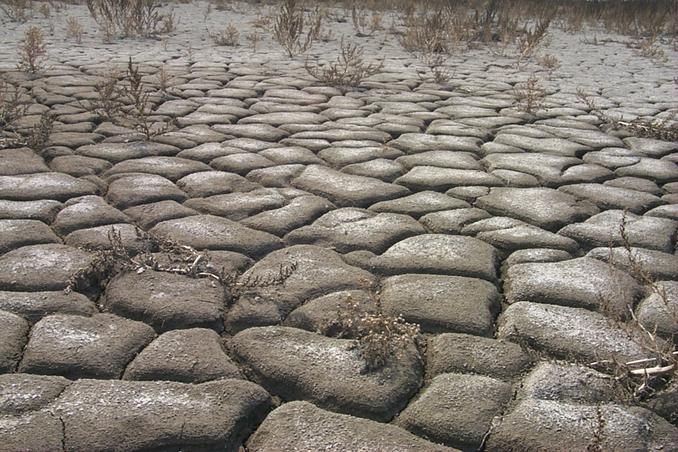 The dry cracked mud that should be the lake bed.