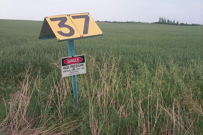 Marker for the natural gas pipeline passing through the field where the confluence lies.