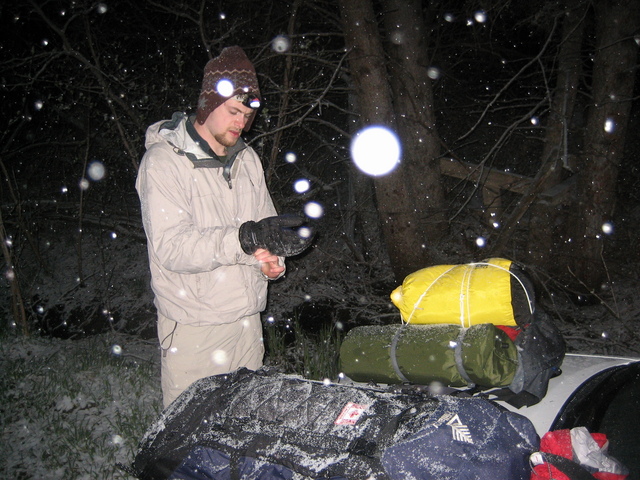 Heading off from the car with our headlamps.