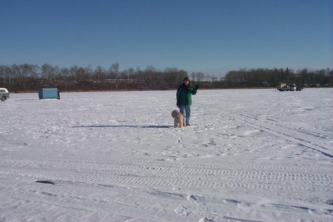 The view east with Alan and Max standing on the confluence.