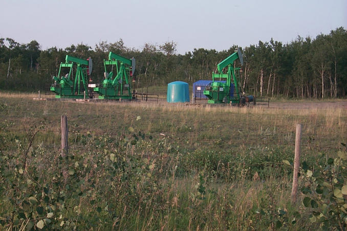 Pump jacks pumping oil south of the confluence turnoff.