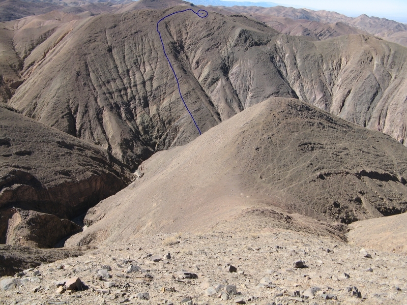 The blue circle shows the location of the Confluence - The line is my route up out of the canyon