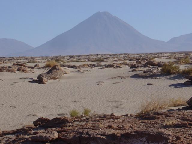 Looking northeast towards confluence (6.13 kilometres away) and Licancabur Volcano