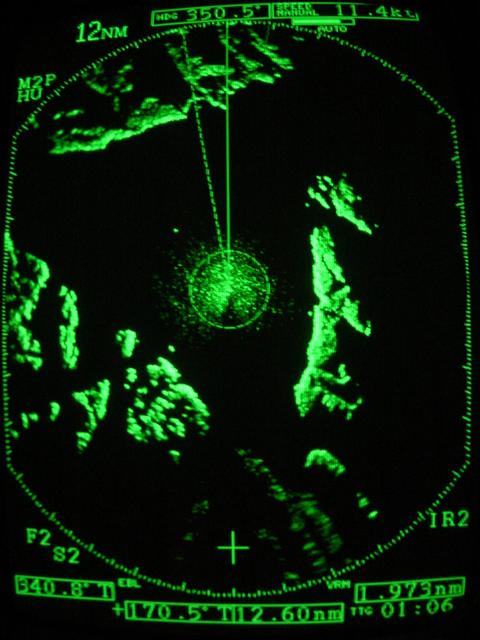 Radar view: Cape Froward to the northwest, Dawson Island to the east, and Captain Aracena Island to the southwest