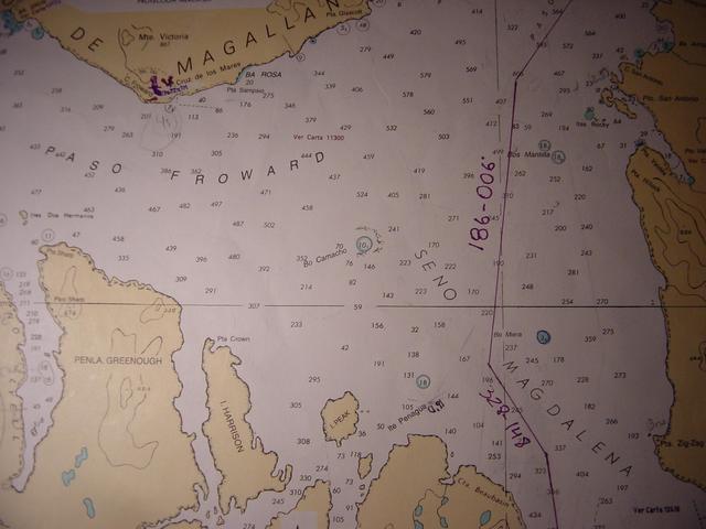 Navigation chart showing the originally plotted course passing a few hundred metres west of the confluence