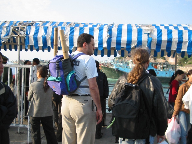 Tony (with bongs) and Targ waiting to board the ferry back to Zhuhai.