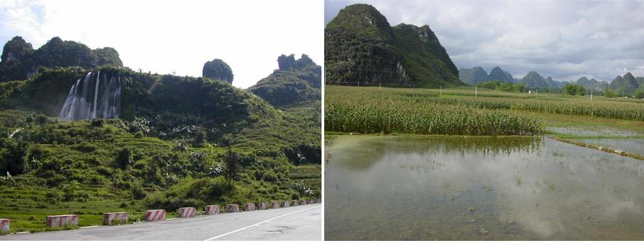 Waterfall along the road and karst hills galore