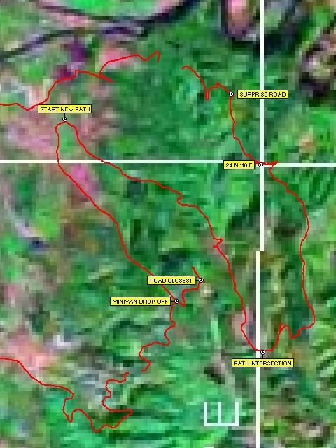 Convoluted route to the confluence, plotted over NASA satellite image