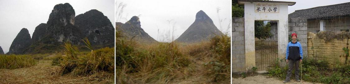 Karst hills in the area of the confluence - Peter at the gate to the confluence village