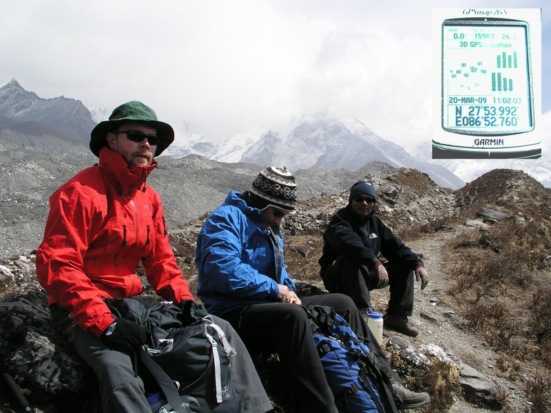 Dave, Tim, and Mani rest at 16,000’  elevation, just 10 miles and one mountain range from 28N 87E.