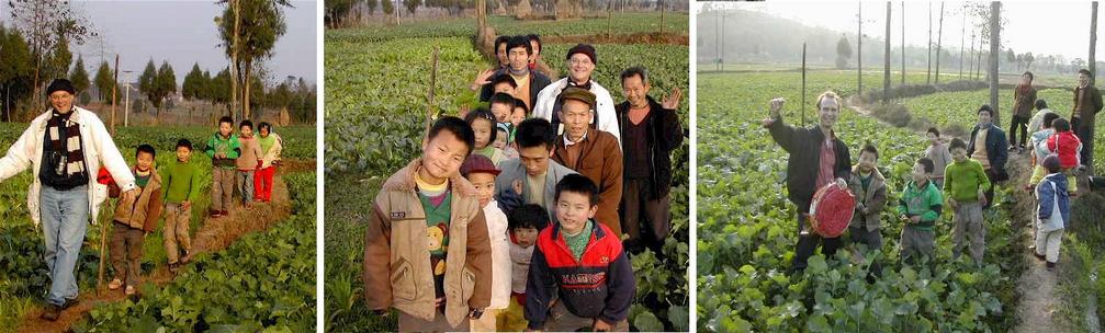 Mark as the Pied Piper - Victory Photos with confluence villagers - Peter with celebration fireworks and the bamboo rod marking the spot