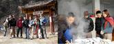 #4: Group photo at the gate to Silver Mine Valley - Old Leaf cooking up noodles for the hungry confluence hunters /（I）在银厂沟大门口的团体照（II）老叶在为饥肠辘辘的队友们煮面。