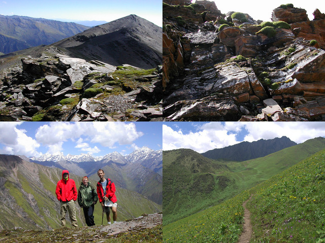 The rocky ridge on the side of the 4700 m peak that probably has to be climbed in order to get to the confluence; Simon, Chris and Peter 2 km away on the saddle between mountains; the grass and flower covered slopes with a trail to the stone house.