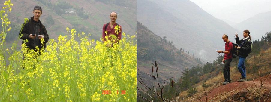 Peter Cao (left) and Richard Jones walking through the rapeseed - Richard Jones (left) and Targ Parsons taking a sighting on the Confluence Point