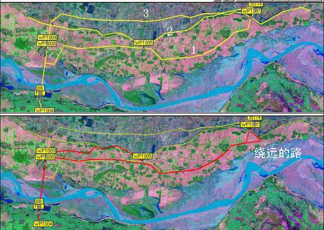 The pland way(Yellow) and the infact track(red)