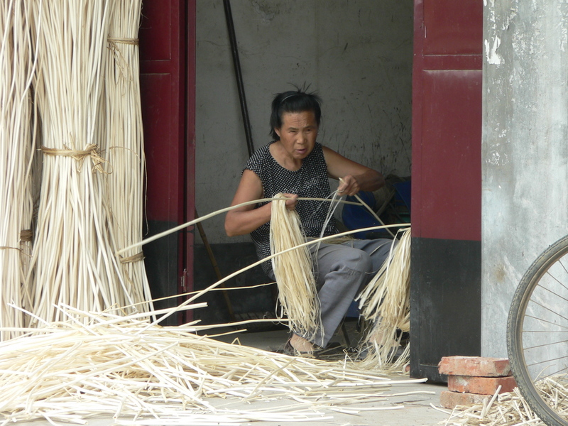 Old lady stripping hemp fibres