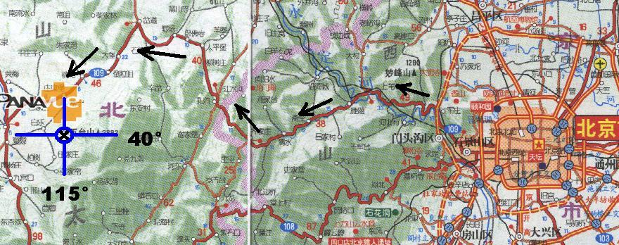 A map showing the route taken to reach the confluence area.   Note the mountainous terrain.