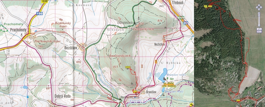 Our track on the map (© SHOCart) and on the aerial photo (© GEODIS, © Seznam.cz)