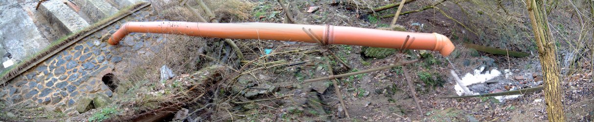 Six shots showing the waste pipe coming out of the back of the Nižbor Chateau.