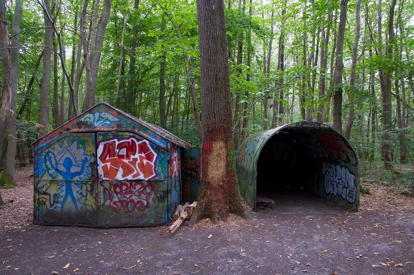 A shelter in the forest, about 150m south of the point