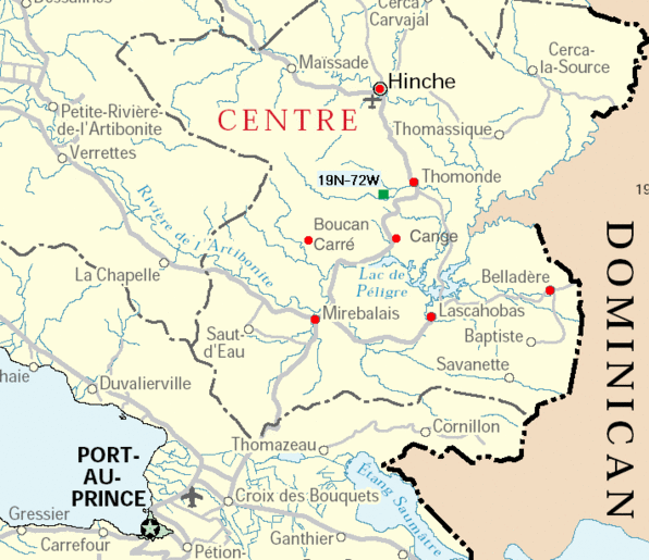 Central Haiti - PIH/Zanmi Lasante service sites in red and CP in green