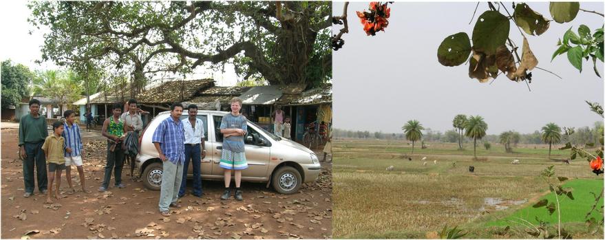 Michael with villagers of Guhaldiha – colorful rice paddies anlong the road