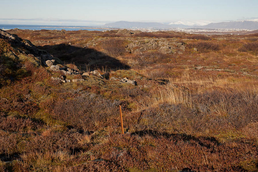 View north towards Reykjavík, Akrafjall, Skarðsheiði (with snow) and Esja