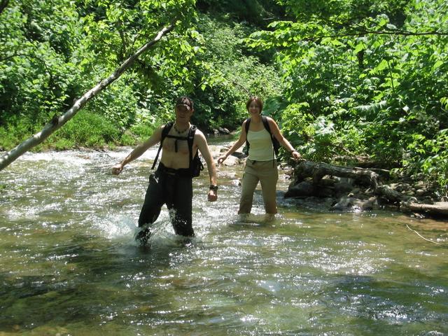 Mitch and Krista walking in the stream.