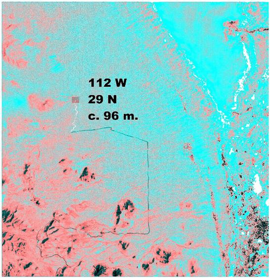 Aerial photo (June 1985) - confluence in rectangle and part of the path we followed. Heavy vegetation in red, bare areas in blue, salt pans in white. Note the large playa lake in the NE corner of picture.