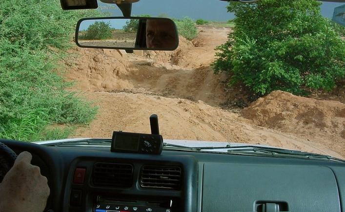 Approaching a deep hole on the way back in the Suzuki (note the darkening sky)